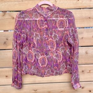 Y2K Silk Semi-Sheer Trippy Retro Print Blouse